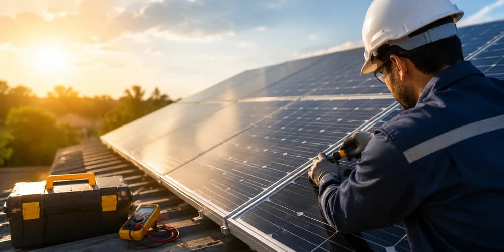 Technician inspecting rooftop solar panels during preventive maintenance